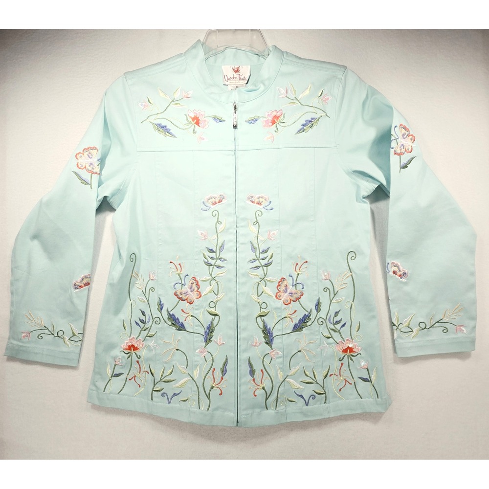 Quacker Factory Mint Green Floral Butterfly Embroidered Zip Front Jacket Medium